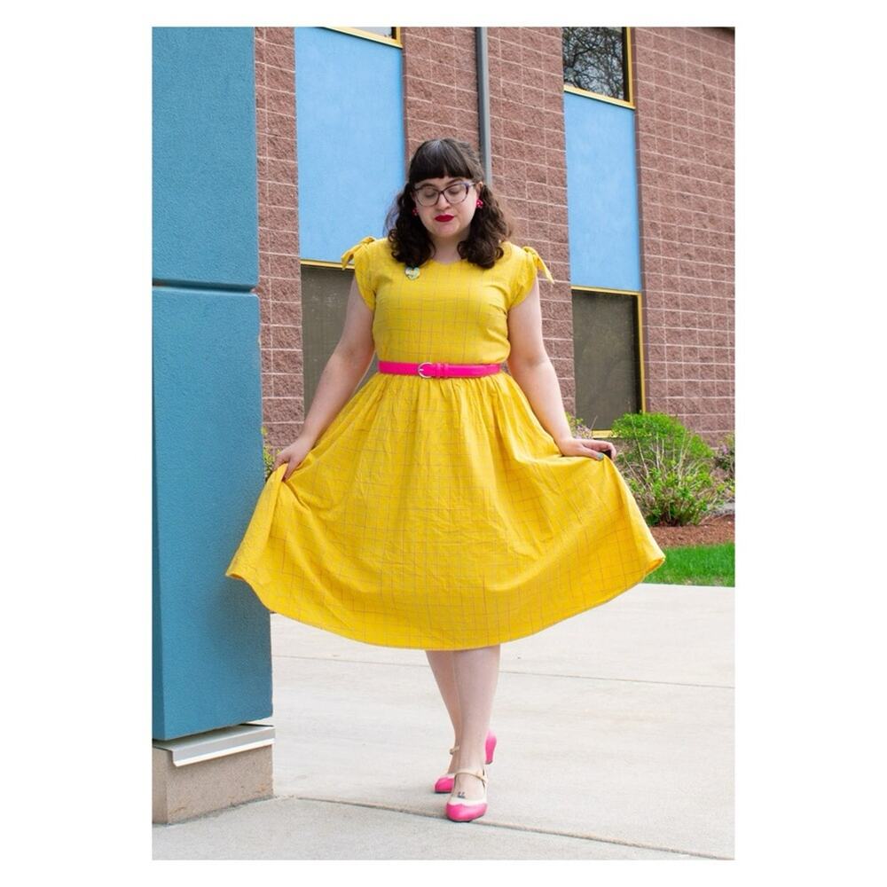 Saint Geraldine Charisse Fit‎ & Flare Plaid Midi Dress L Yellow